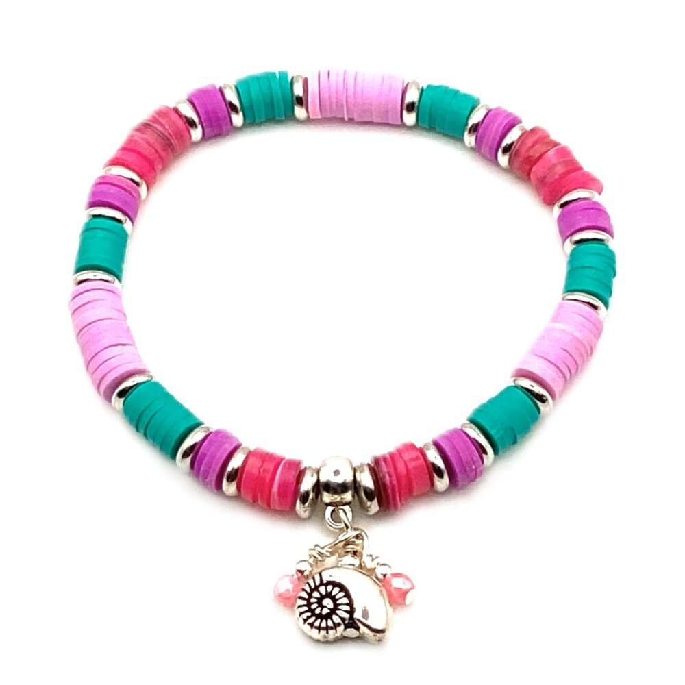 Polymer Clay Heishi and Natural Shell Stretch Bracelet - Ocean Breeze - Handmade